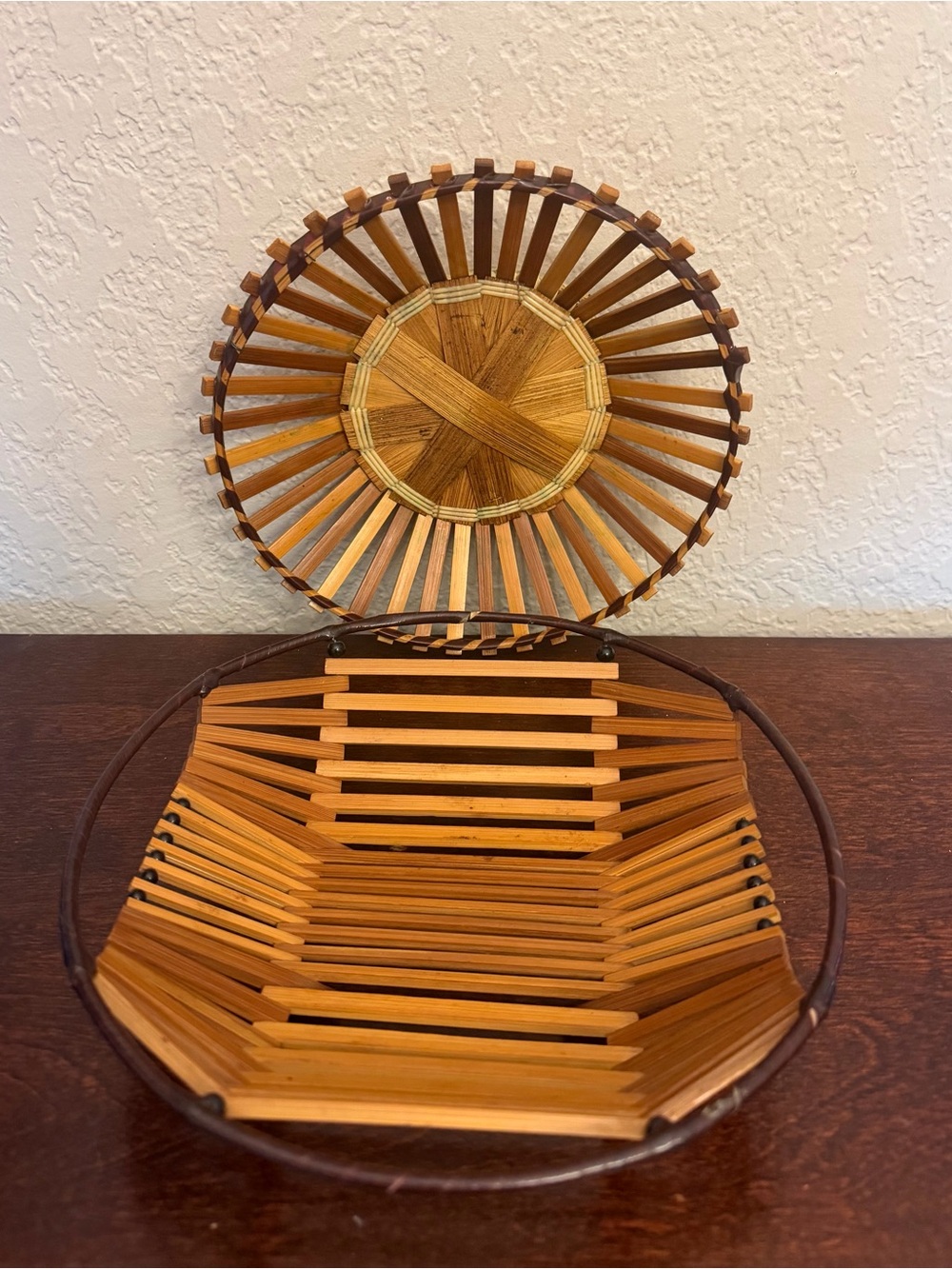 Vintage Mid Century Modern Bamboo Baskets Wood Slatted Round Set Of 2 Retro
